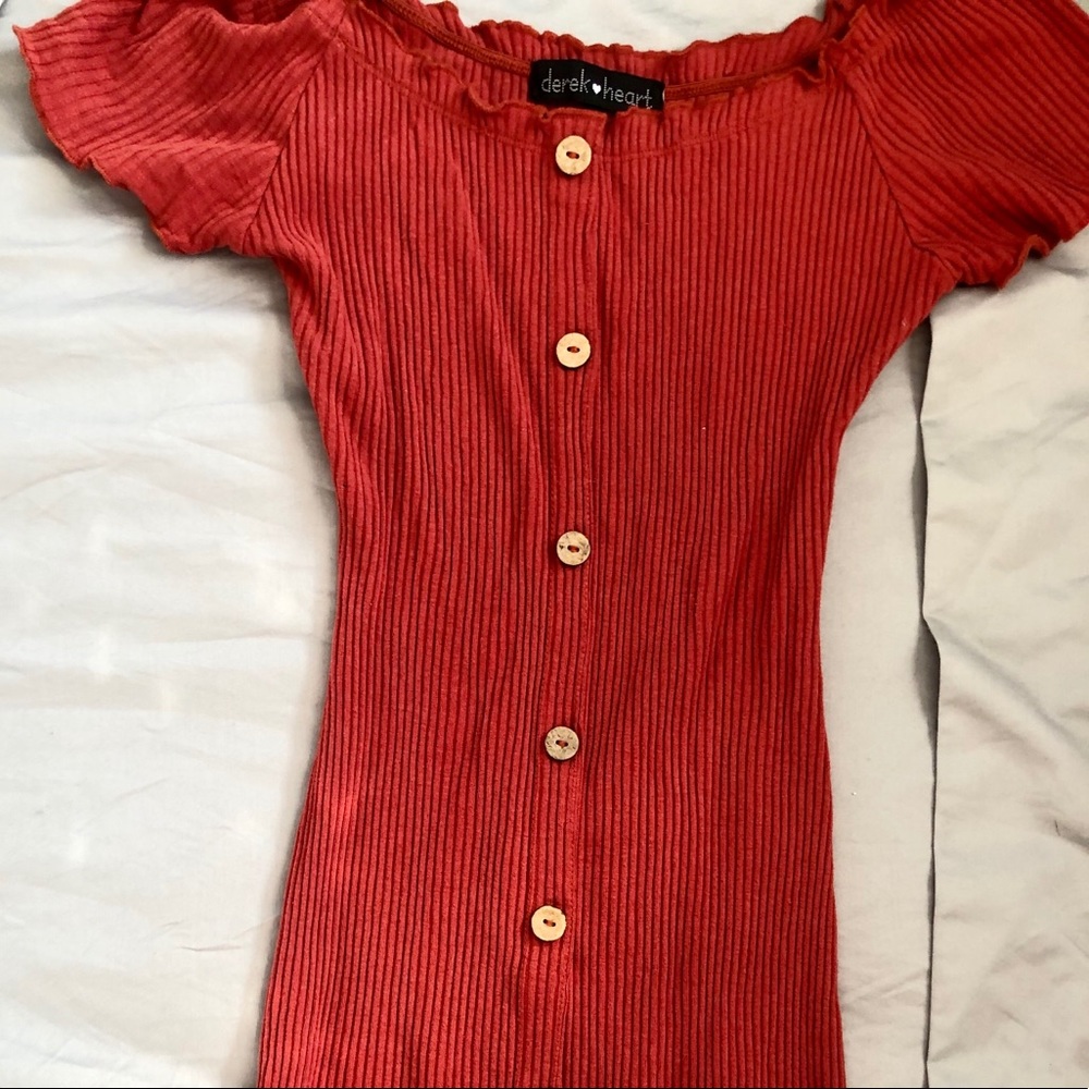 Burnt orange off the shoulder dress